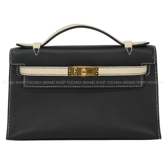 HERMES Handbag Pochette Kelly Special order White stitch Bicolor Noir (Black)/Craie Veau Swift Gold HW Stamp U[EXCELLENT][Authentic]