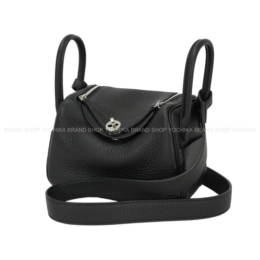HERMES Shoulder bag Lindy mini 20 Noir (Black) Taurillon Clemence Silver HW Stamp K[EXCELLENT][Authentic]