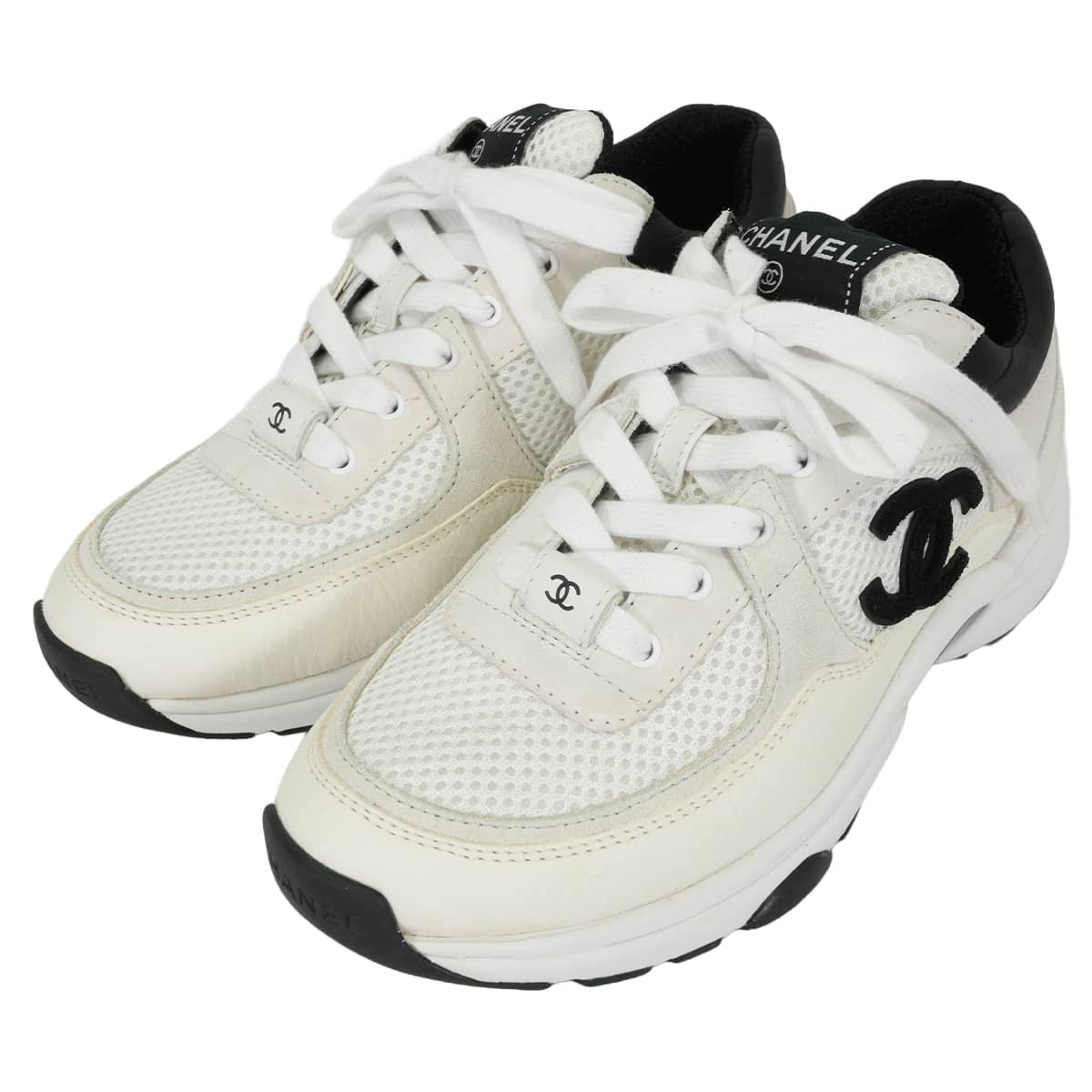 CHANEL sneakers COCO Mark Ivory/Noir (Black) Mesh/Suede Calfskin #36 G38299[EXCELLENT][Authentic]