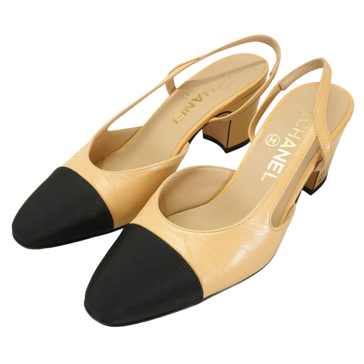 [Pre-loved] CHANEL pumps Slingback shoes Beige/Noir (Black) Goatskin /Grosgrain #36C Champagne Gold HW G31318[LIKE NEW][Authentic]