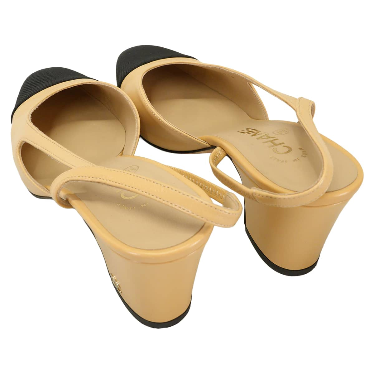 [Pre-loved] CHANEL pumps Slingback shoes Beige/Noir (Black) Goatskin /Grosgrain #36C Champagne Gold HW G31318[LIKE NEW][Authentic]