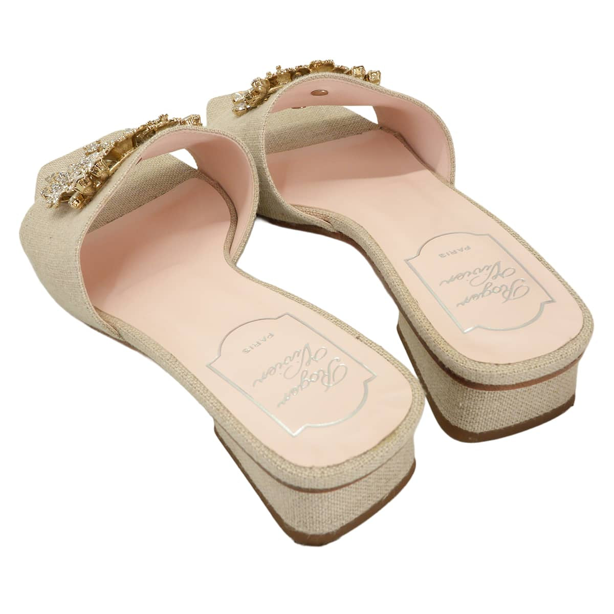 [Pre-loved] ROGER VIVIER sandals Slingback shoes Brooch Vivier Beige Fabric #36 RVW55430200[LIKE NEW][Authentic]