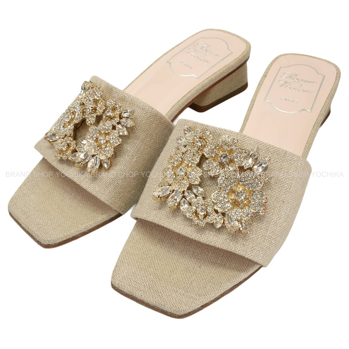 [Pre-loved] ROGER VIVIER sandals Slingback shoes Brooch Vivier Beige Fabric #36 RVW55430200[LIKE NEW][Authentic]