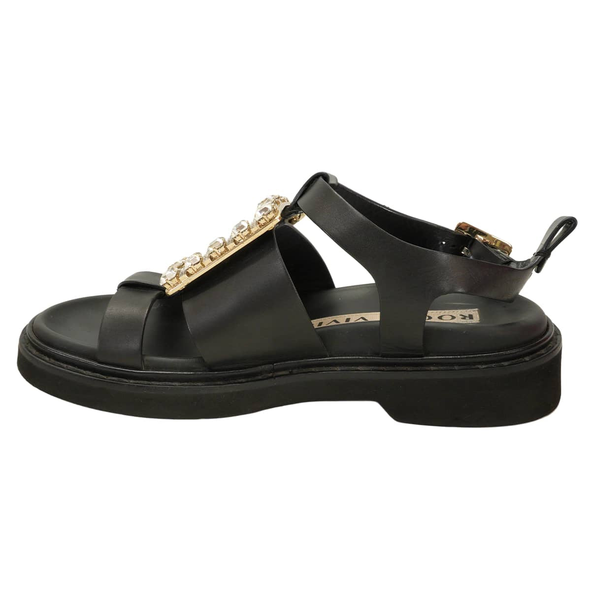 [Pre-loved] ROGER VIVIER sandals Viv Ranger Crystal Buckle Noir (Black) leather #36 Gold HW RVW64031470[USED A][Authentic]