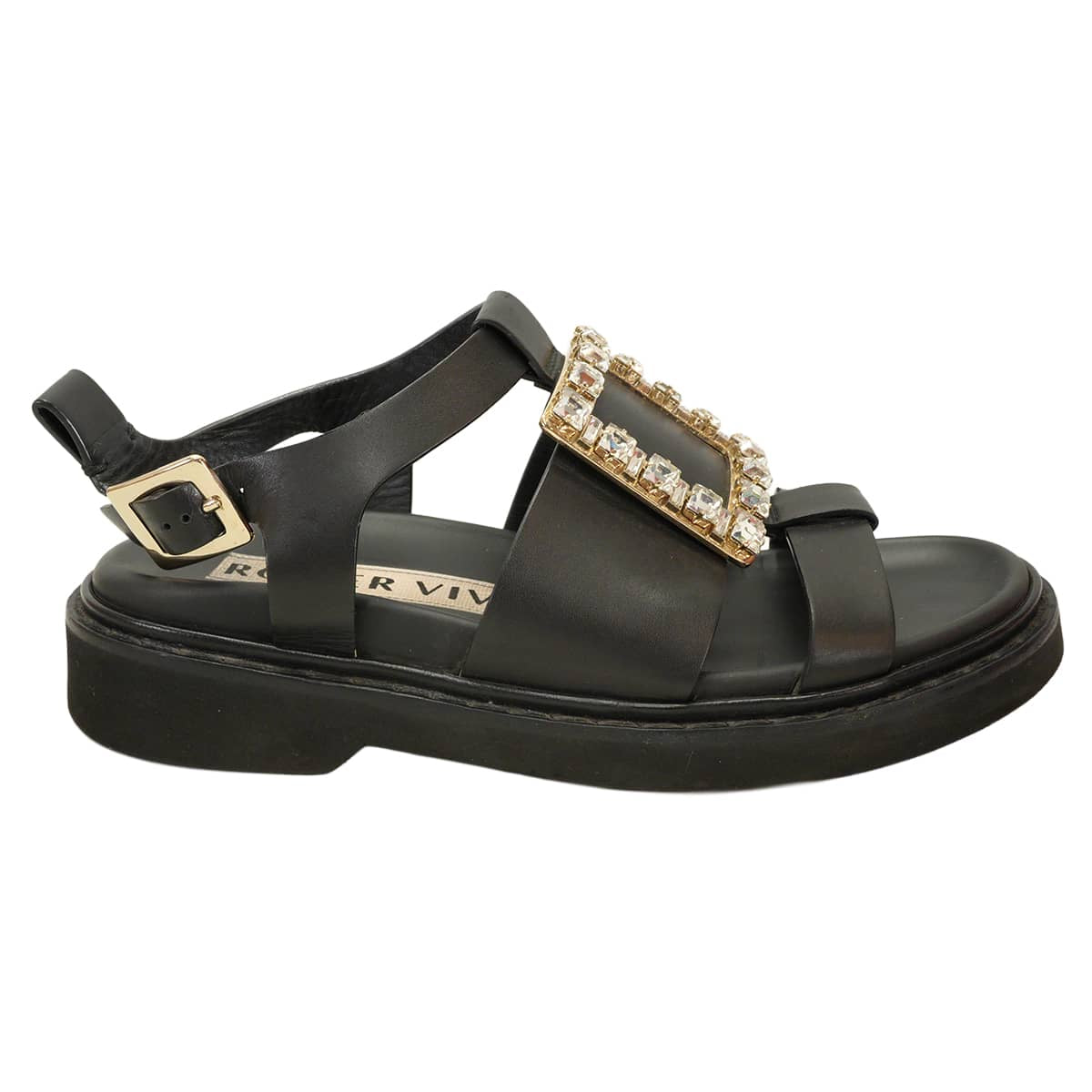 [Pre-loved] ROGER VIVIER sandals Viv Ranger Crystal Buckle Noir (Black) leather #36 Gold HW RVW64031470[USED A][Authentic]