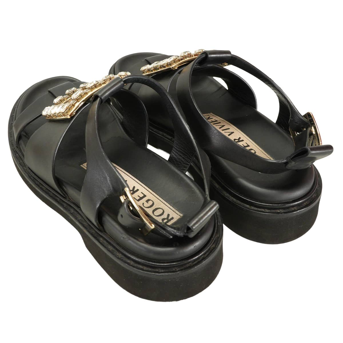 [Pre-loved] ROGER VIVIER sandals Viv Ranger Crystal Buckle Noir (Black) leather #36 Gold HW RVW64031470[USED A][Authentic]