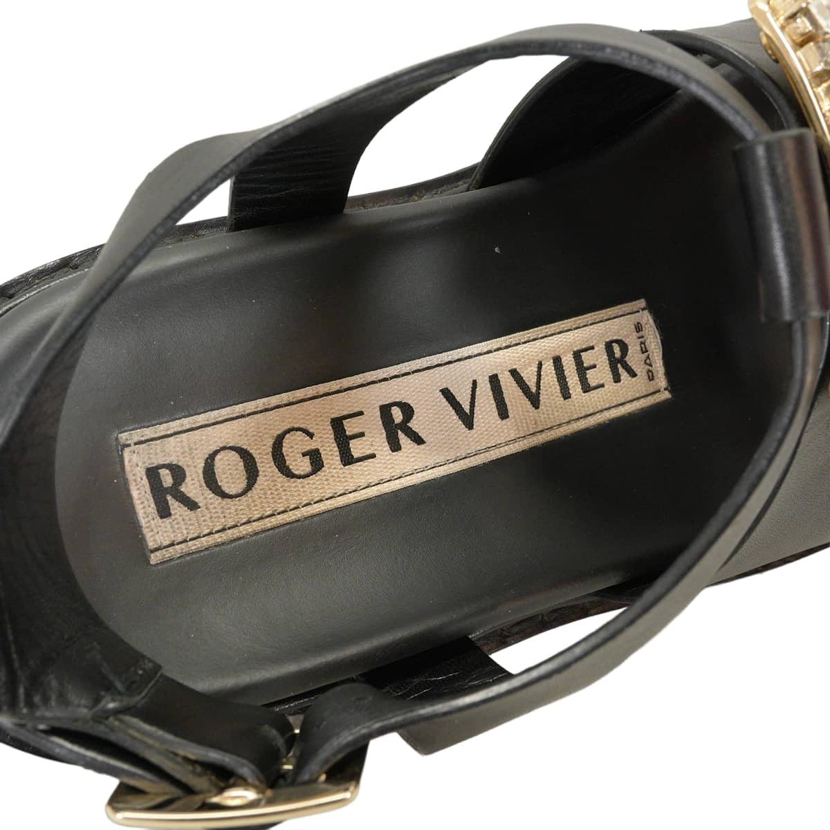 [Pre-loved] ROGER VIVIER sandals Viv Ranger Crystal Buckle Noir (Black) leather #36 Gold HW RVW64031470[USED A][Authentic]