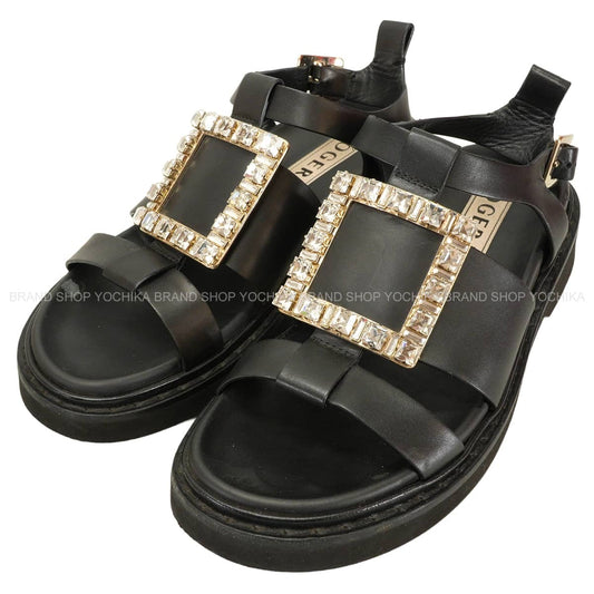 [Pre-loved] ROGER VIVIER sandals Viv Ranger Crystal Buckle Noir (Black) leather #36 Gold HW RVW64031470[USED A][Authentic]