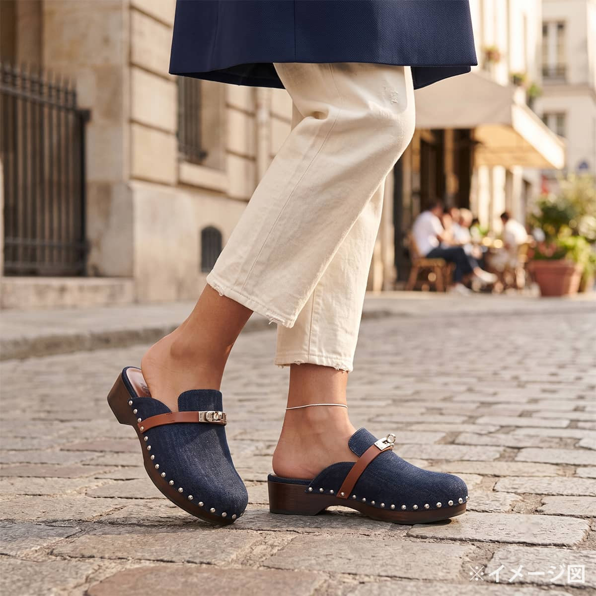 HERMES Mules Carlotta Kelly buckleBlue Brut/Gold Denim/Veau Swift #35 Silver HW[EXCELLENT][Authentic]