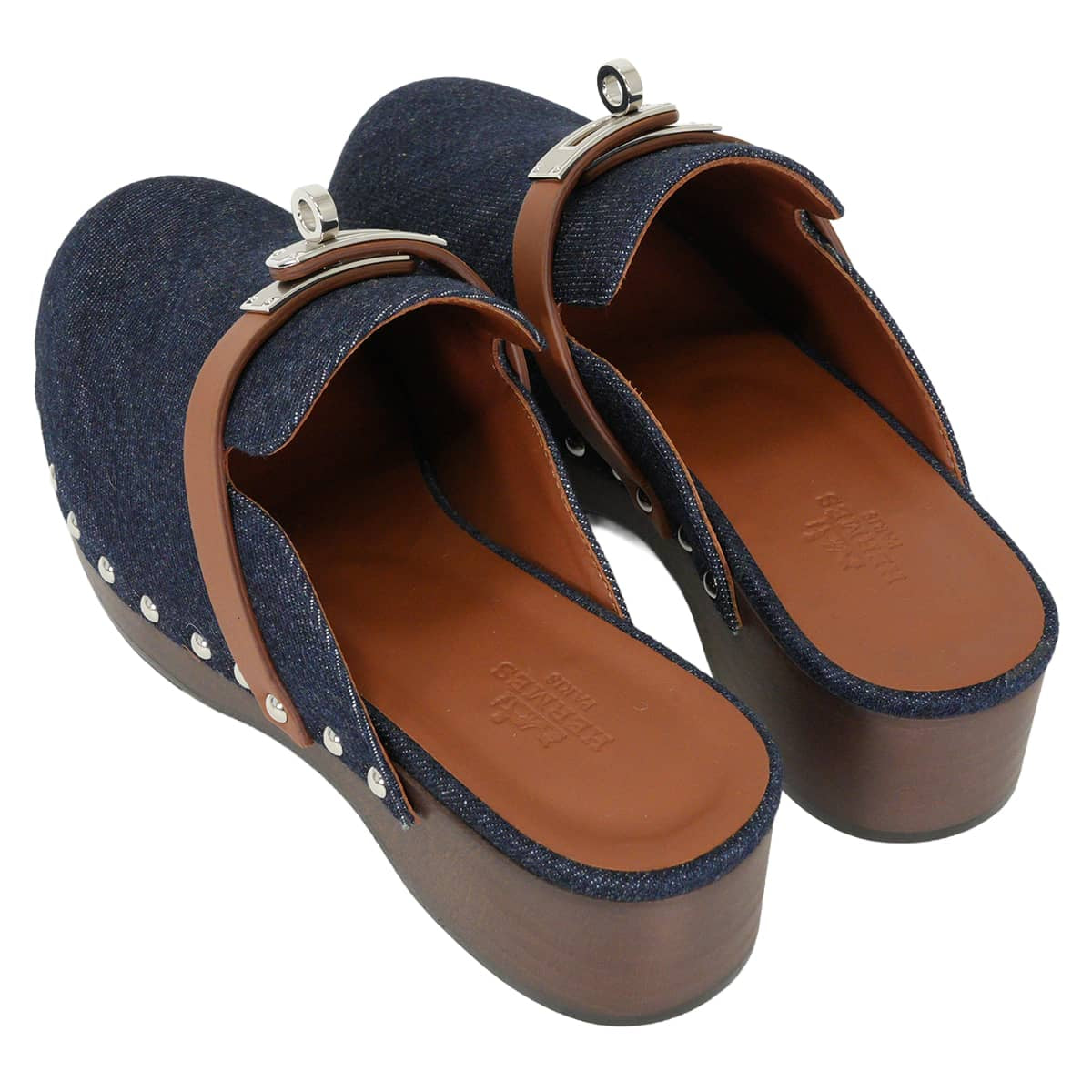 HERMES Mules Carlotta Kelly buckleBlue Brut/Gold Denim/Veau Swift #35 Silver HW[EXCELLENT][Authentic]
