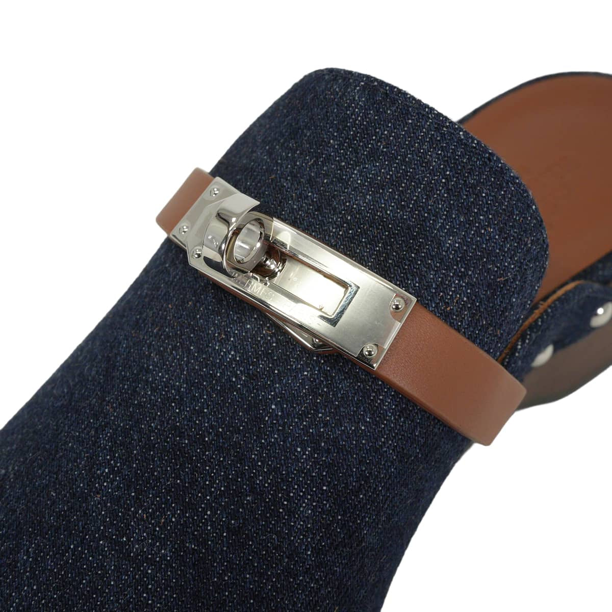 HERMES Mules Carlotta Kelly buckleBlue Brut/Gold Denim/Veau Swift #35 Silver HW[EXCELLENT][Authentic]