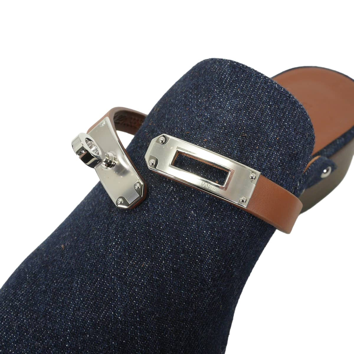 HERMES Mules Carlotta Kelly buckleBlue Brut/Gold Denim/Veau Swift #35 Silver HW[EXCELLENT][Authentic]