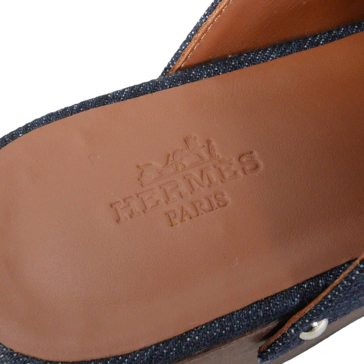 HERMES Mules Carlotta Kelly buckleBlue Brut/Gold Denim/Veau Swift #35 Silver HW[EXCELLENT][Authentic]