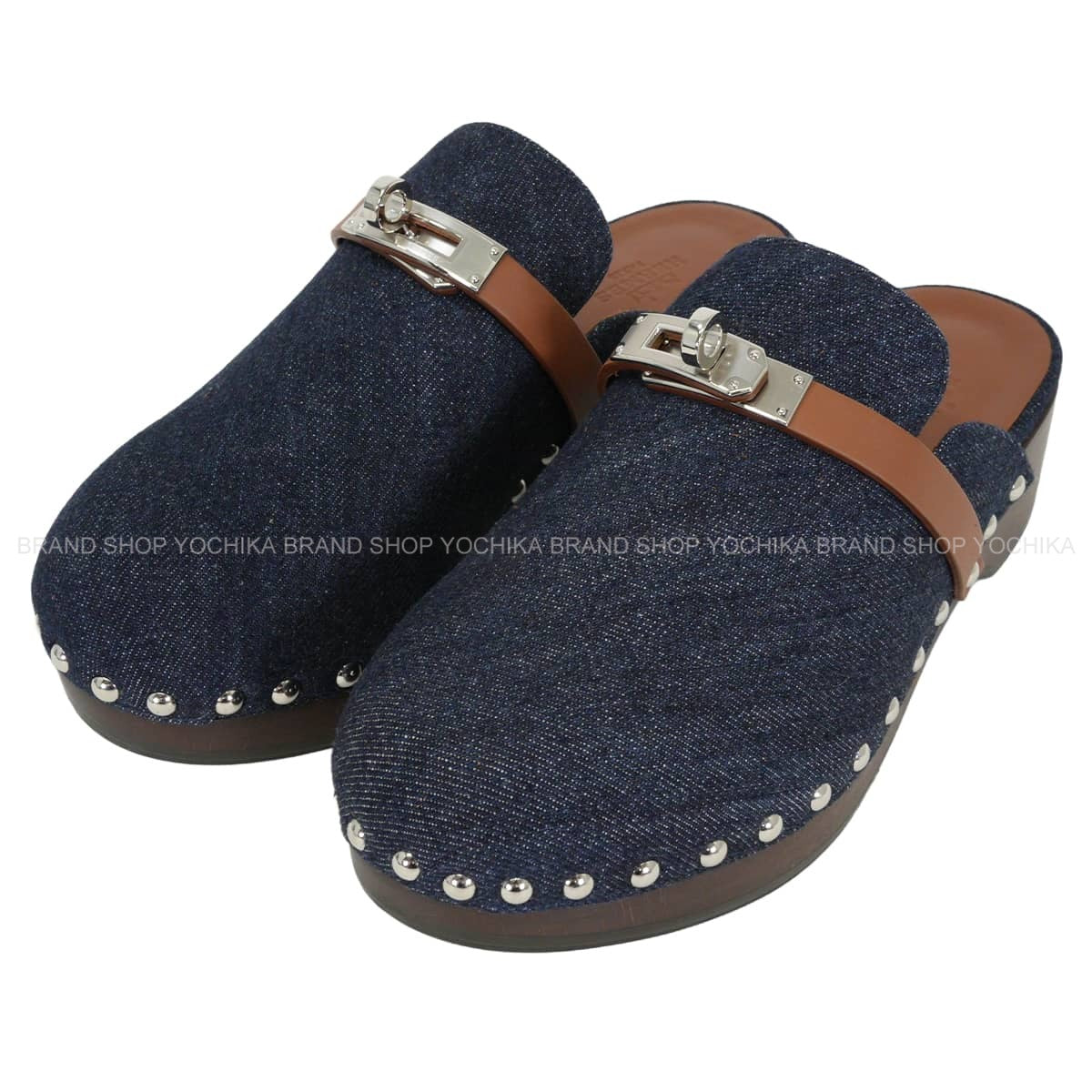 HERMES Mules Carlotta Kelly buckleBlue Brut/Gold Denim/Veau Swift #35 Silver HW[EXCELLENT][Authentic]