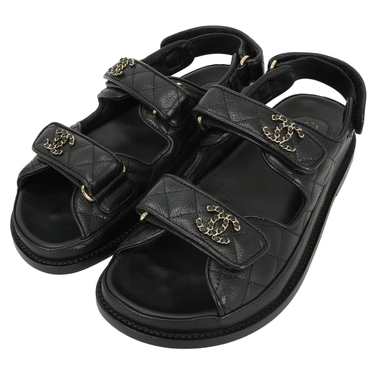 CHANEL sandals Footbed Chain COCO Mark Noir (Black) Graind Calf(Caviarskin) #38C Champagne Gold HW G45507[EXCELLENT][Authentic]