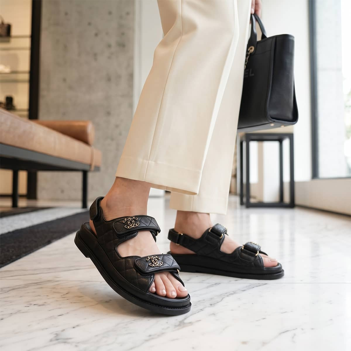 CHANEL sandals Footbed Chain COCO Mark Noir (Black) Graind Calf(Caviarskin) #38C Champagne Gold HW G45507[EXCELLENT][Authentic]