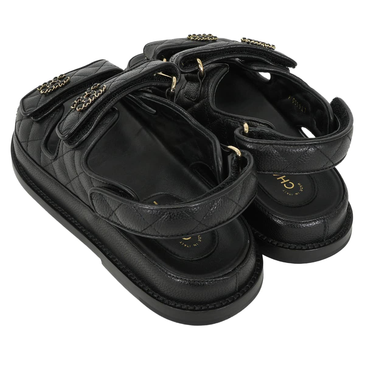 CHANEL sandals Footbed Chain COCO Mark Noir (Black) Graind Calf(Caviarskin) #38C Champagne Gold HW G45507[EXCELLENT][Authentic]