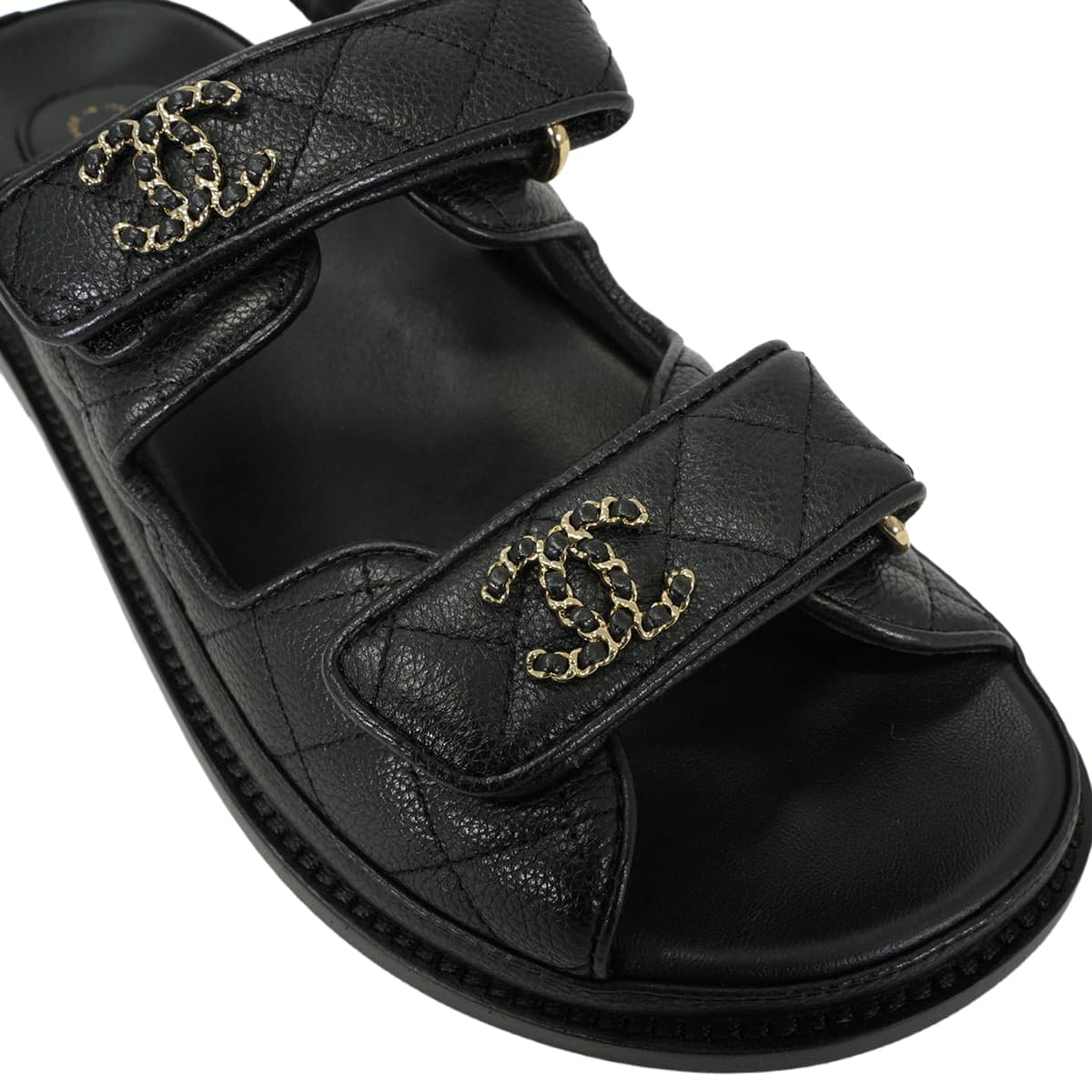 CHANEL sandals Footbed Chain COCO Mark Noir (Black) Graind Calf(Caviarskin) #38C Champagne Gold HW G45507[EXCELLENT][Authentic]