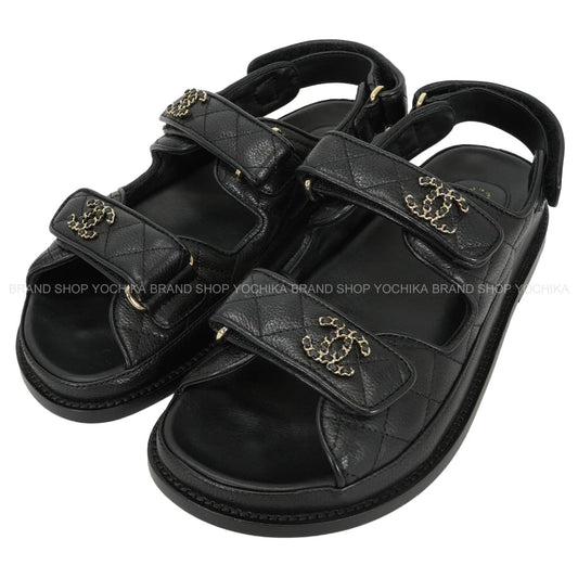 CHANEL sandals Footbed Chain COCO Mark Noir (Black) Graind Calf(Caviarskin) #38C Champagne Gold HW G45507[EXCELLENT][Authentic]
