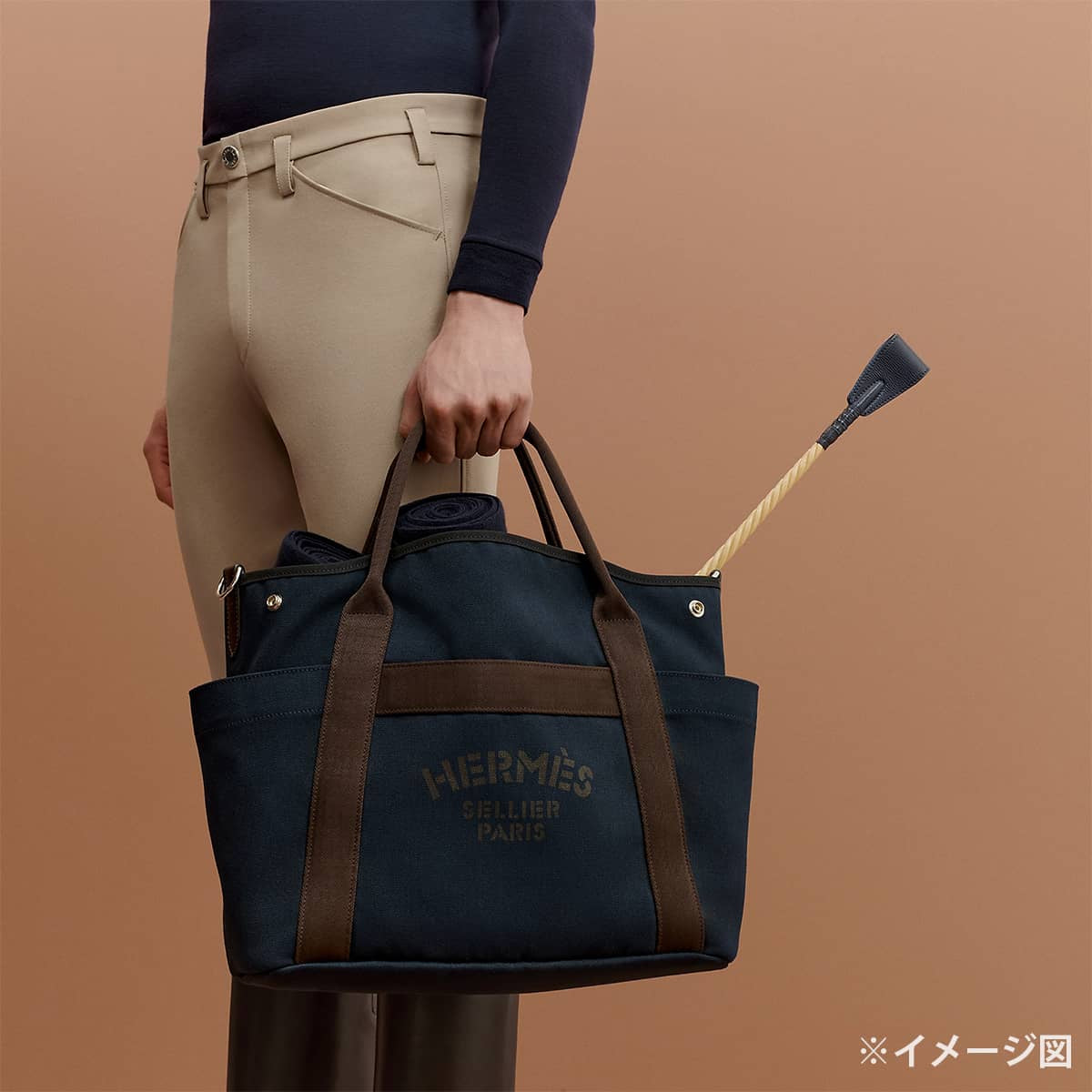 HERMES Shoulder bag Sac de pansage Groom 2Way Blue Navy/Feu Orange Toile Chevrons/Veau Barenia Silver HW Stamp Ｗ[EXCELLENT][Authentic]