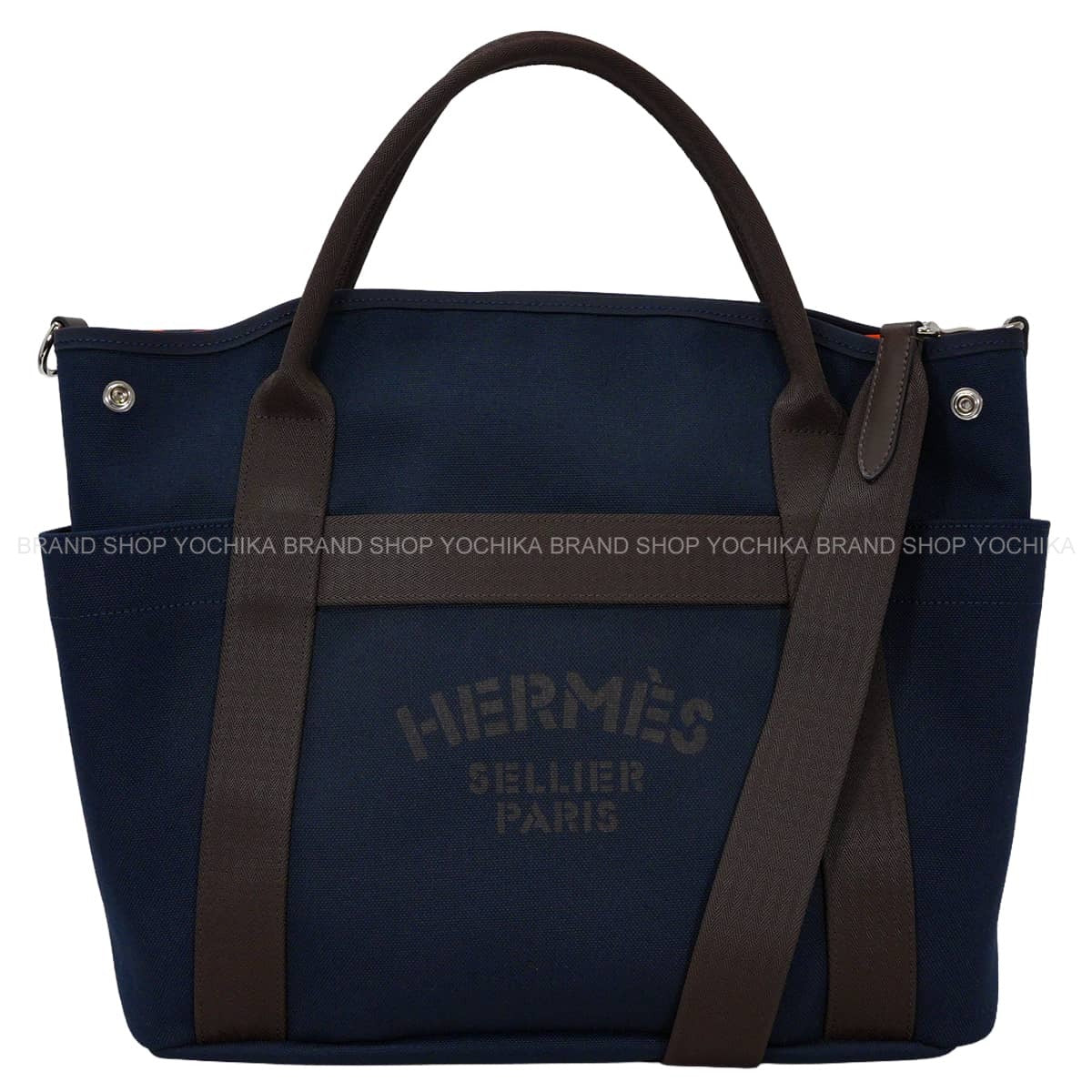 HERMES Shoulder bag Sac de pansage Groom 2Way Blue Navy/Feu Orange Toile Chevrons/Veau Barenia Silver HW Stamp Ｗ[EXCELLENT][Authentic]
