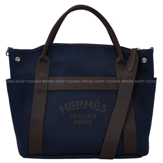 HERMES Shoulder bag Sac de pansage Groom 2Way Blue Navy/Feu Orange Toile Chevrons/Veau Barenia Silver HW Stamp Ｗ[EXCELLENT][Authentic]