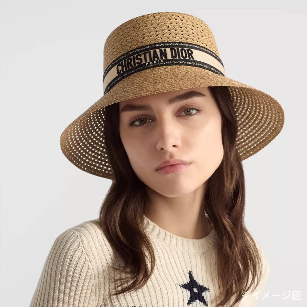 Dioriviera Capsule Collection Dior hat D-Bobby Wide Brim Straw Hat with Ribbon (Size 56) Beige/Noir (Black) Cotton Paper 34DBP924G153[EXCELLENT][Authentic]