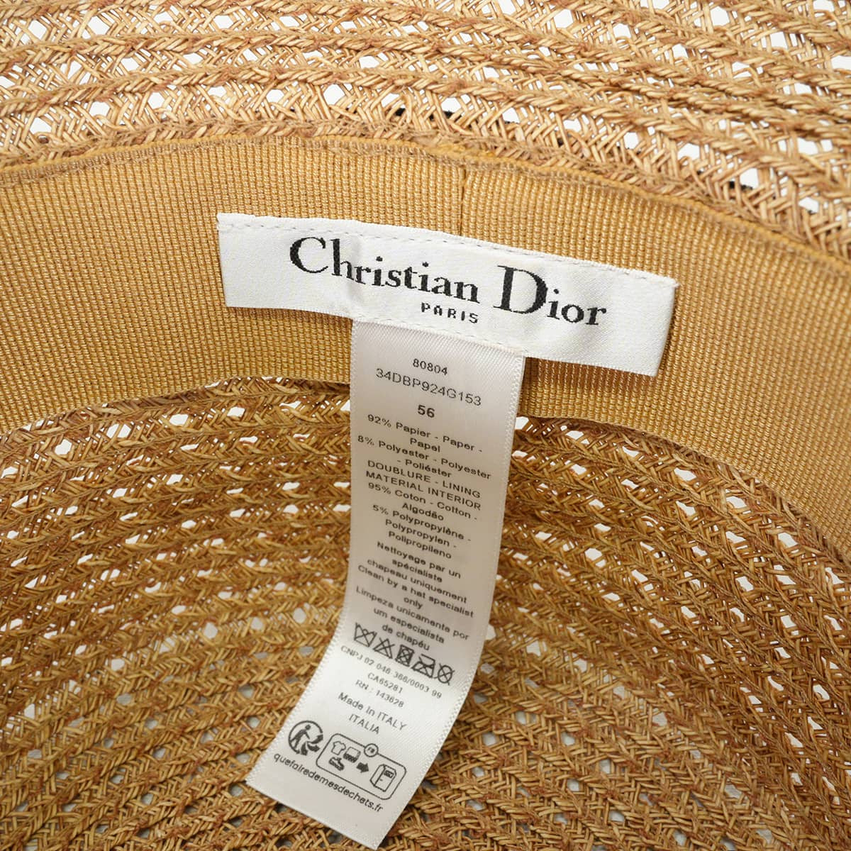 Dioriviera Capsule Collection Dior hat D-Bobby Wide Brim Straw Hat with Ribbon (Size 56) Beige/Noir (Black) Cotton Paper 34DBP924G153[EXCELLENT][Authentic]