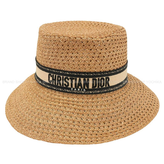 Dioriviera Capsule Collection Dior hat D-Bobby Wide Brim Straw Hat with Ribbon (Size 56) Beige/Noir (Black) Cotton Paper 34DBP924G153[EXCELLENT][Authentic]
