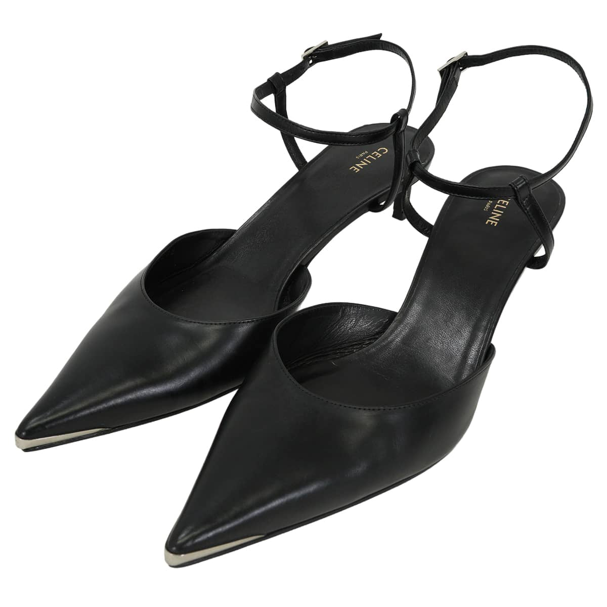 [Pre-loved] CELINE pumps Hedi Slimane Kitten Metal toe Strap Noir (Black) Calfskin #39 Silver HW RM0272[LIKE NEW][Authentic]