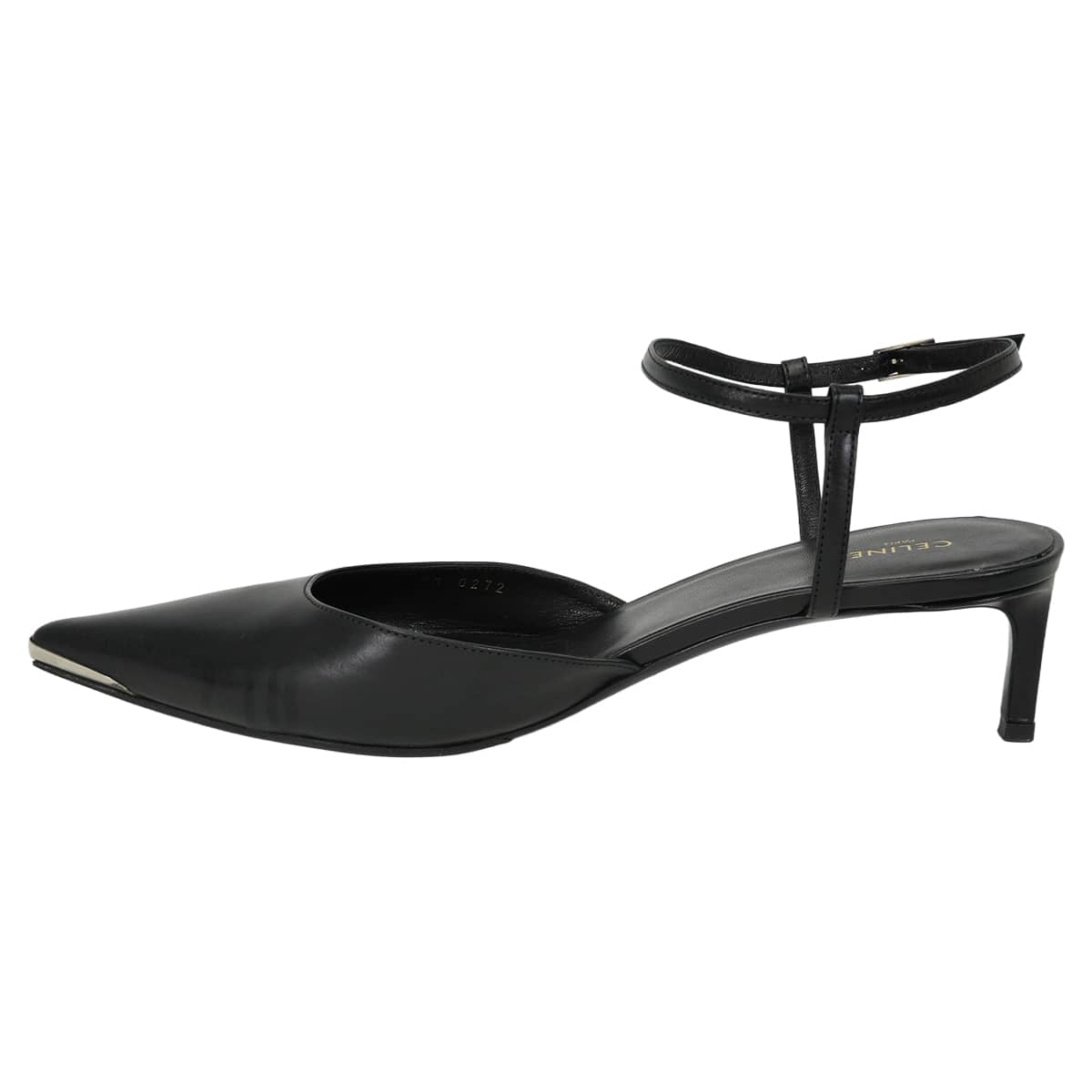 [Pre-loved] CELINE pumps Hedi Slimane Kitten Metal toe Strap Noir (Black) Calfskin #39 Silver HW RM0272[LIKE NEW][Authentic]