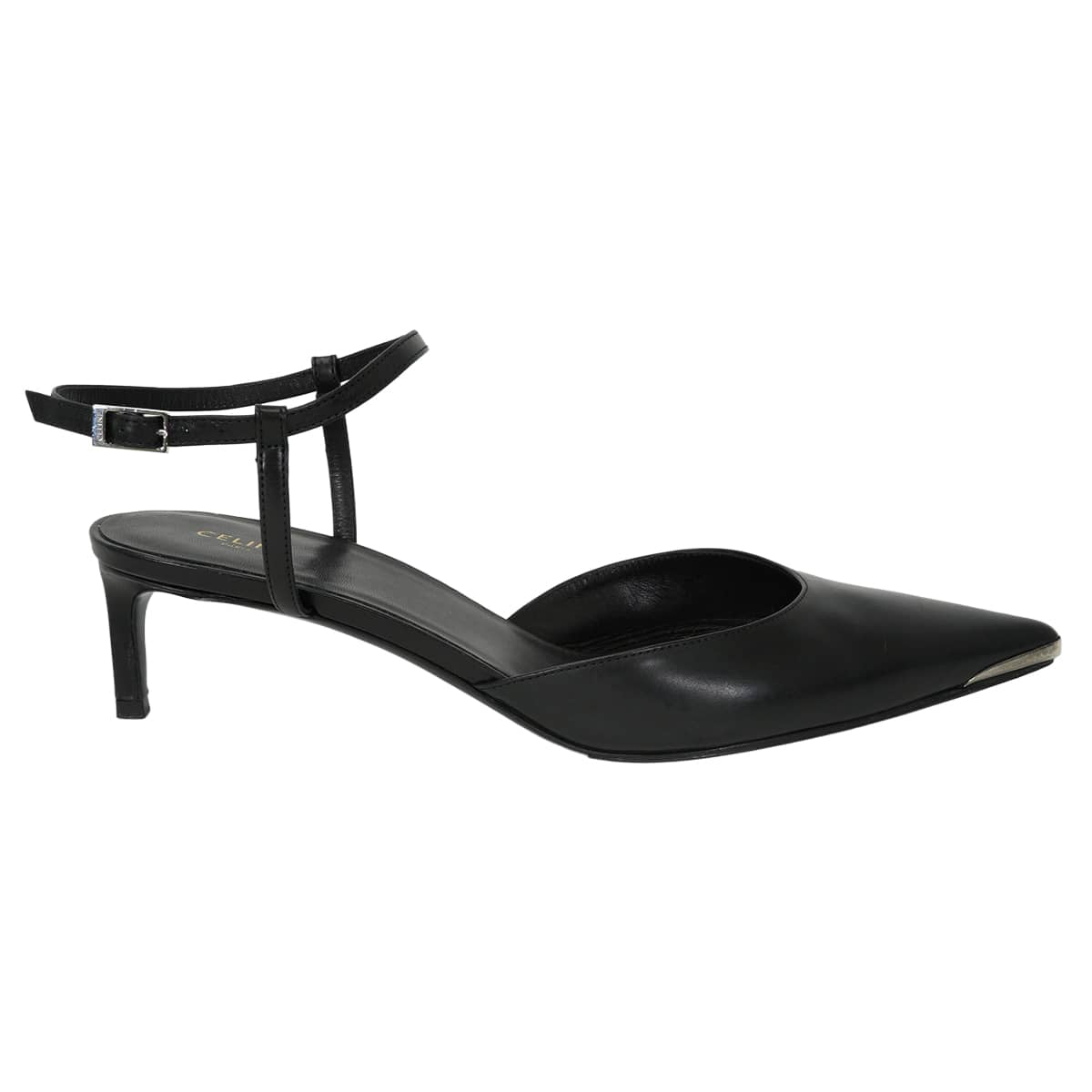 [Pre-loved] CELINE pumps Hedi Slimane Kitten Metal toe Strap Noir (Black) Calfskin #39 Silver HW RM0272[LIKE NEW][Authentic]