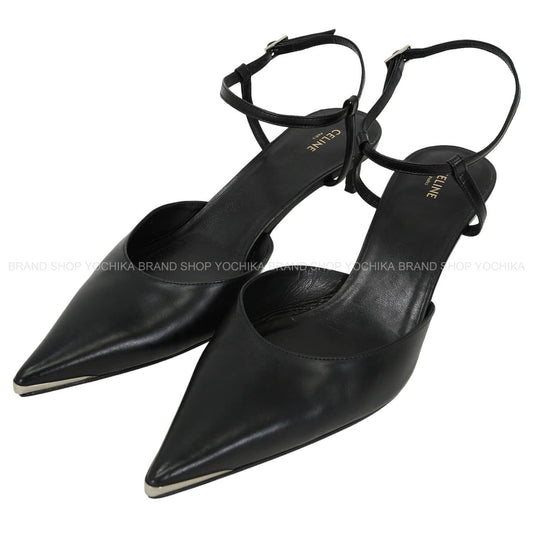 [Pre-loved] CELINE pumps Hedi Slimane Kitten Metal toe Strap Noir (Black) Calfskin #39 Silver HW RM0272[LIKE NEW][Authentic]