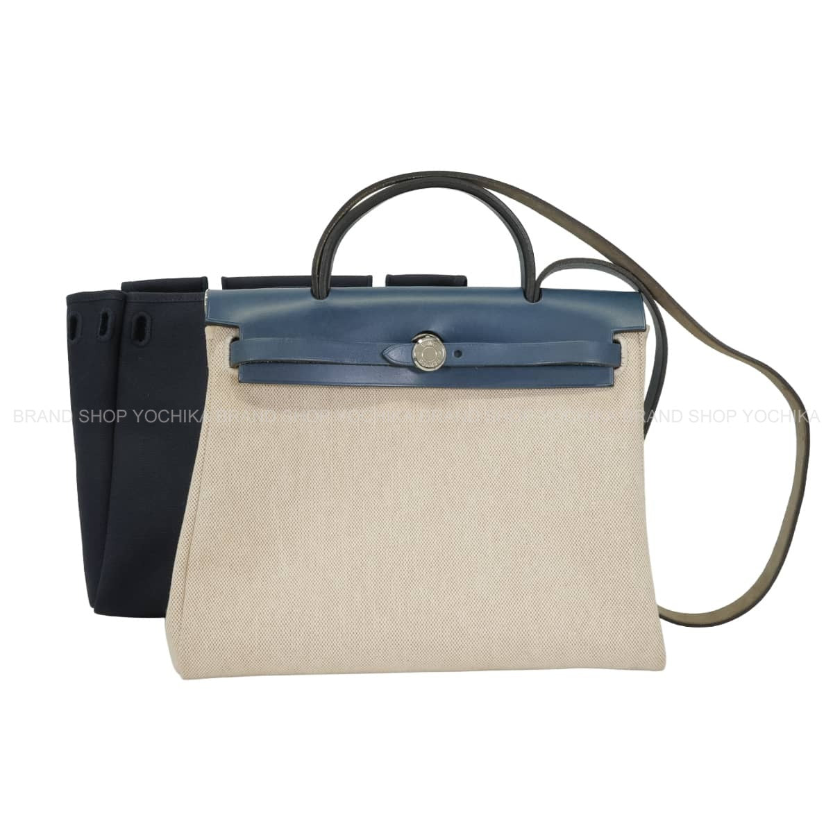 [Pre-loved] HERMES Shoulder bag Herbag PMBlue Noah Toile GM/Vache Hunter Silver HW Stamp □F[USED SA][Authentic]