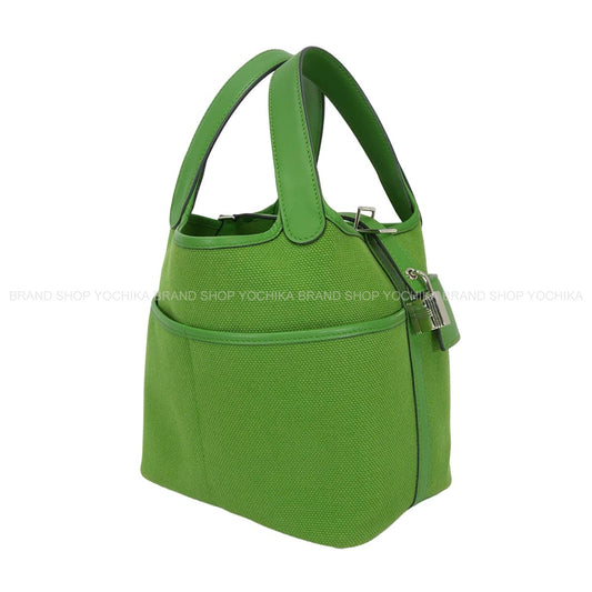 [Pre-loved] HERMES Handbag Picotin Lock 18 PM Cargo pockets Vert Yucca Toile Goeland/Veau Swift Silver HW Stamp W[USED SA][Authentic]