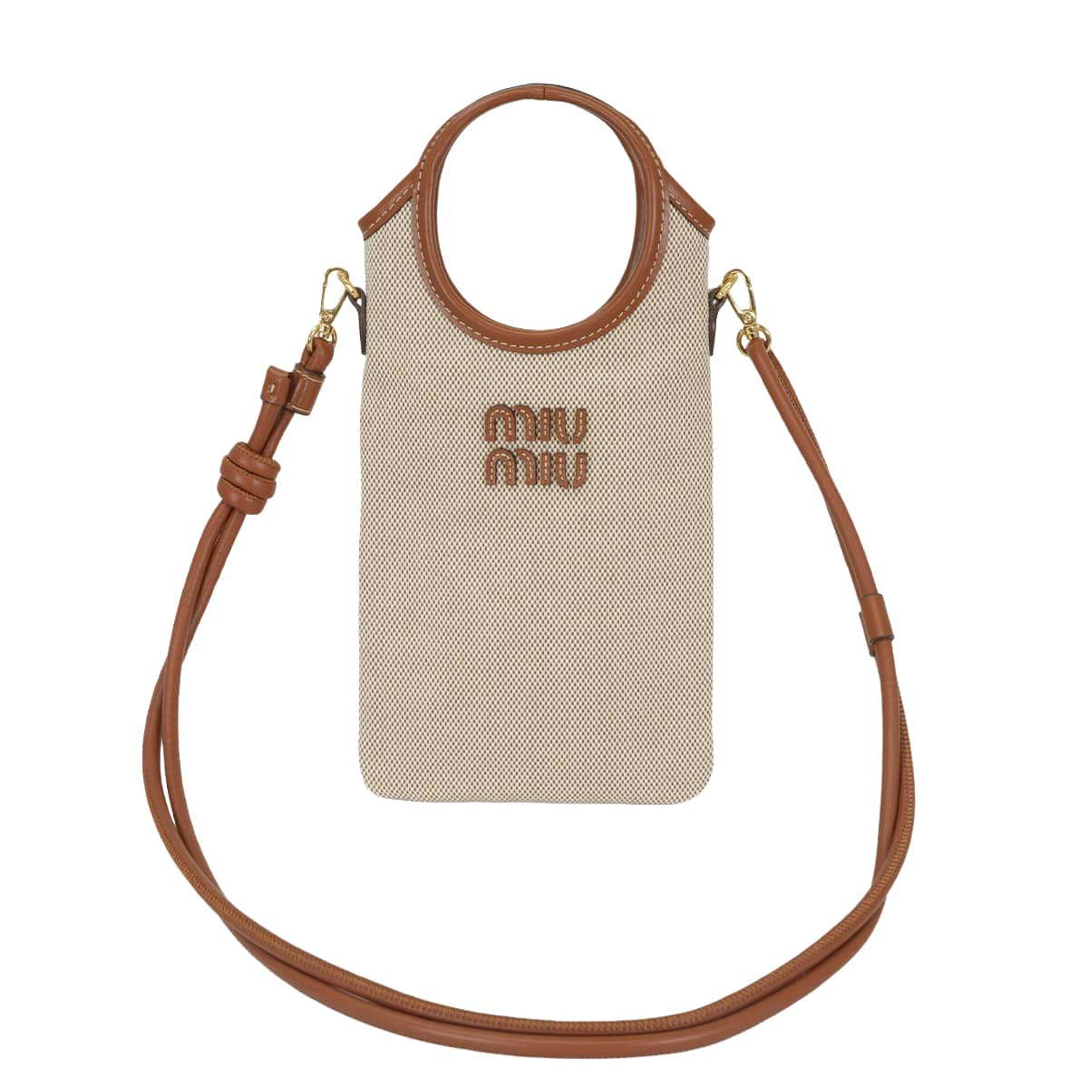 [Pre-loved] Miu Miu Shoulder bag Smartphone Case Canvas Beigebrandy Cotton leather Gold HW 5ZT080[LIKE NEW][Authentic]