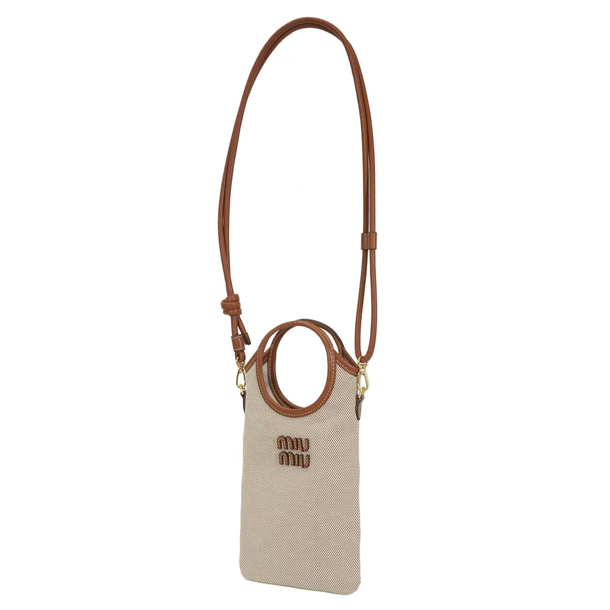 [Pre-loved] Miu Miu Shoulder bag Smartphone Case Canvas Beigebrandy Cotton leather Gold HW 5ZT080[LIKE NEW][Authentic]