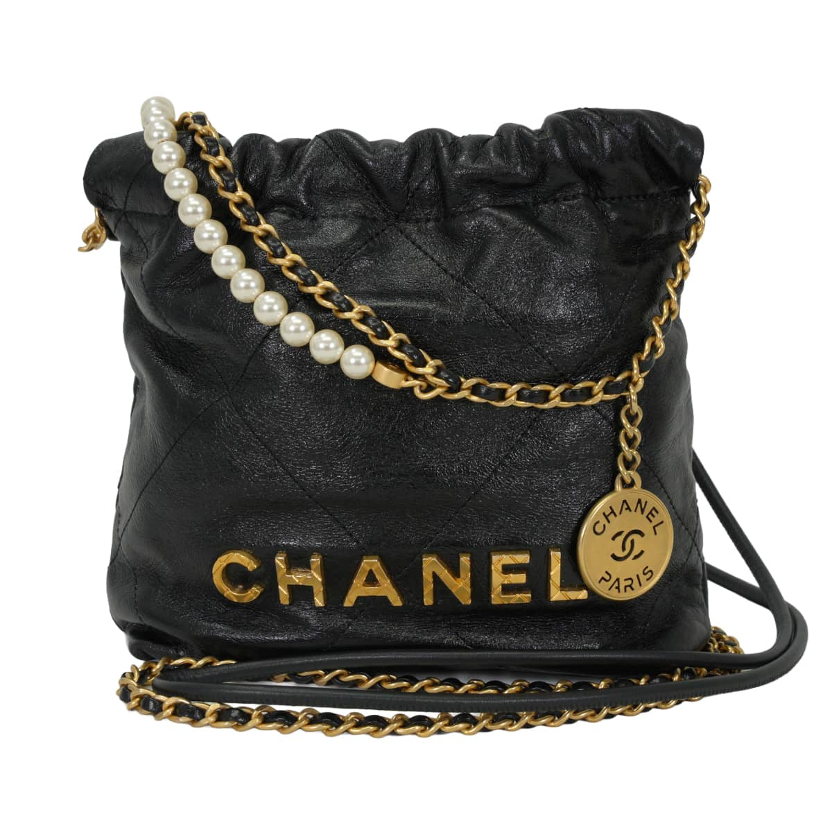[Pre-loved] CHANEL Shoulder bag Chanel22 Mini Matelasse Medal Charm Pearl COCO Mark Noir (Black) Calfskin Antique Gold HW AS3980[LIKE NEW][Authentic]