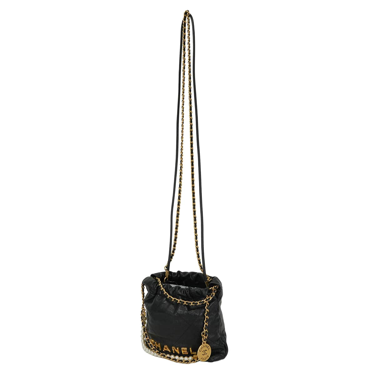 [Pre-loved] CHANEL Shoulder bag Chanel22 Mini Matelasse Medal Charm Pearl COCO Mark Noir (Black) Calfskin Antique Gold HW AS3980[LIKE NEW][Authentic]