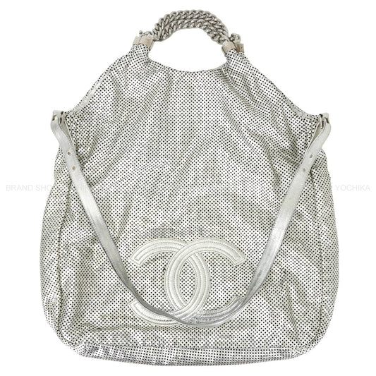 [Pre-loved] CHANEL Shoulder bag Punching Large COCO Mark Silver Lambskin Silver HW A38462[USED AB][Authentic]