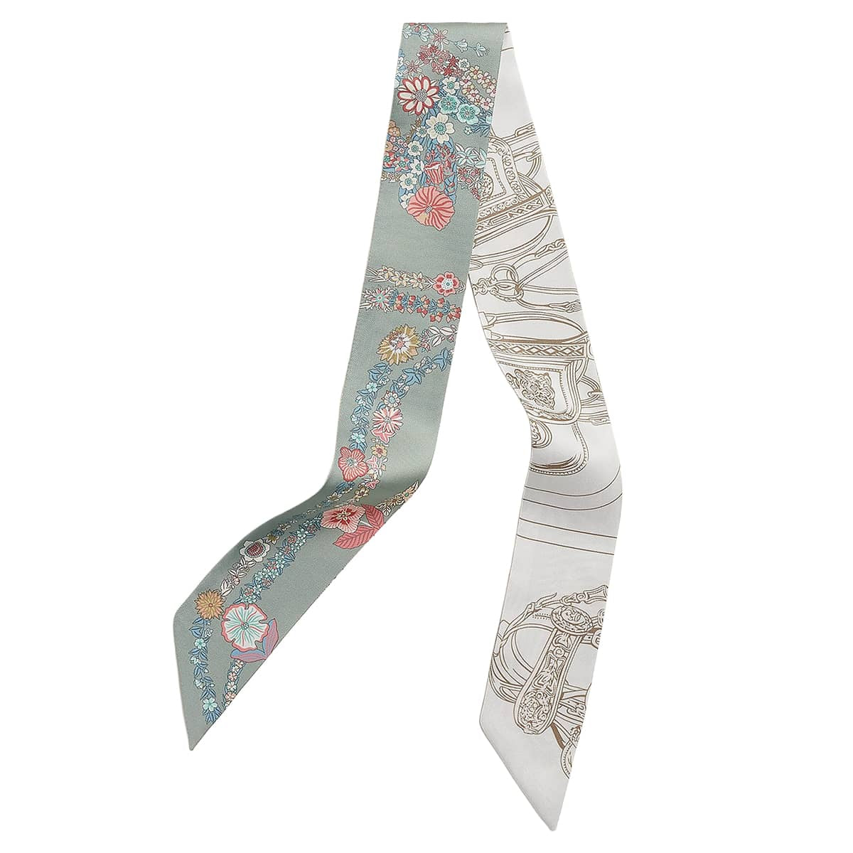 2025SS HERMES scarf Twilly Brides de Gala en Fleurs & Eyeliner Vert Amande/Pink/Blanc (White) Silk100% H064220S 10[BRAND NEW][Authentic]