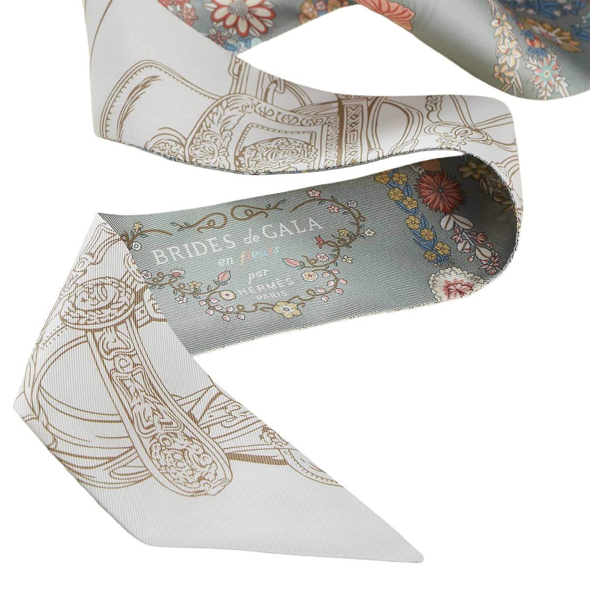 2025SS HERMES scarf Twilly Brides de Gala en Fleurs & Eyeliner Vert Amande/Pink/Blanc (White) Silk100% H064220S 10[BRAND NEW][Authentic]
