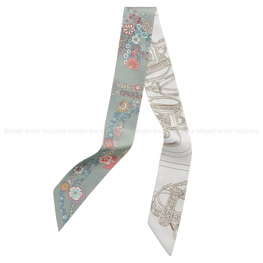 2025SS HERMES scarf Twilly Brides de Gala en Fleurs & Eyeliner Vert Amande/Pink/Blanc (White) Silk100% H064220S 10[BRAND NEW][Authentic]