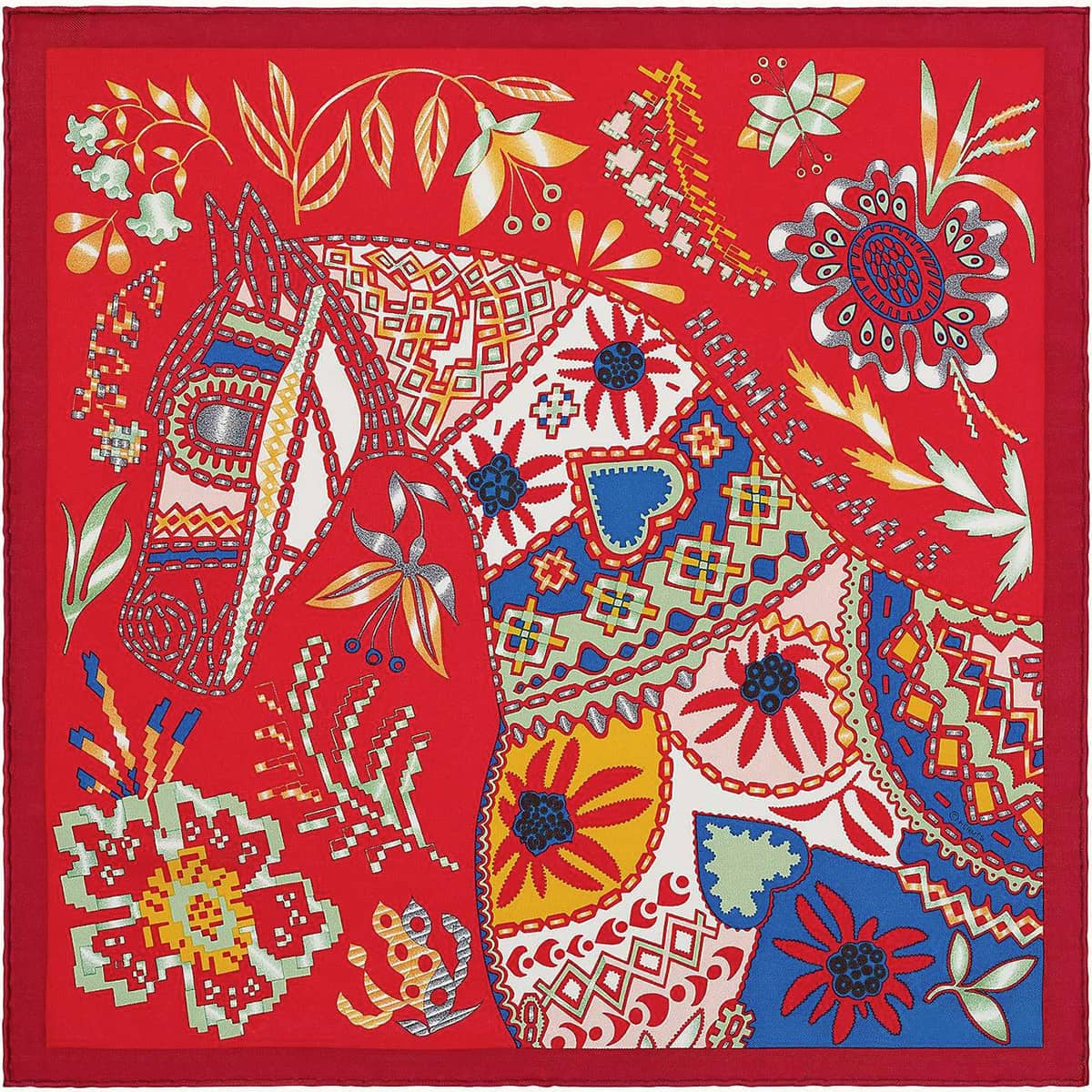 HERMES scarf Carre 45 Gavroche En Attendant UlysseRouge/Blue/Jaune Silk100% H893622S 07[EXCELLENT][Authentic]