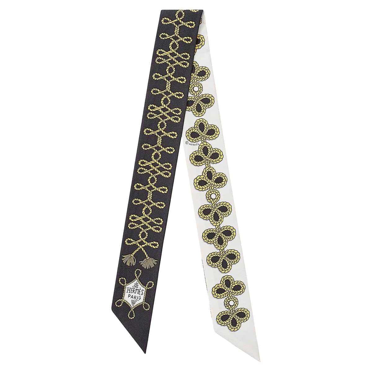 2021SS HERMES scarf Twilly Galons et Brandebourgs Noir (Black)/Gold/Blanc (White) Silk100% H063698S 01[EXCELLENT][Authentic]