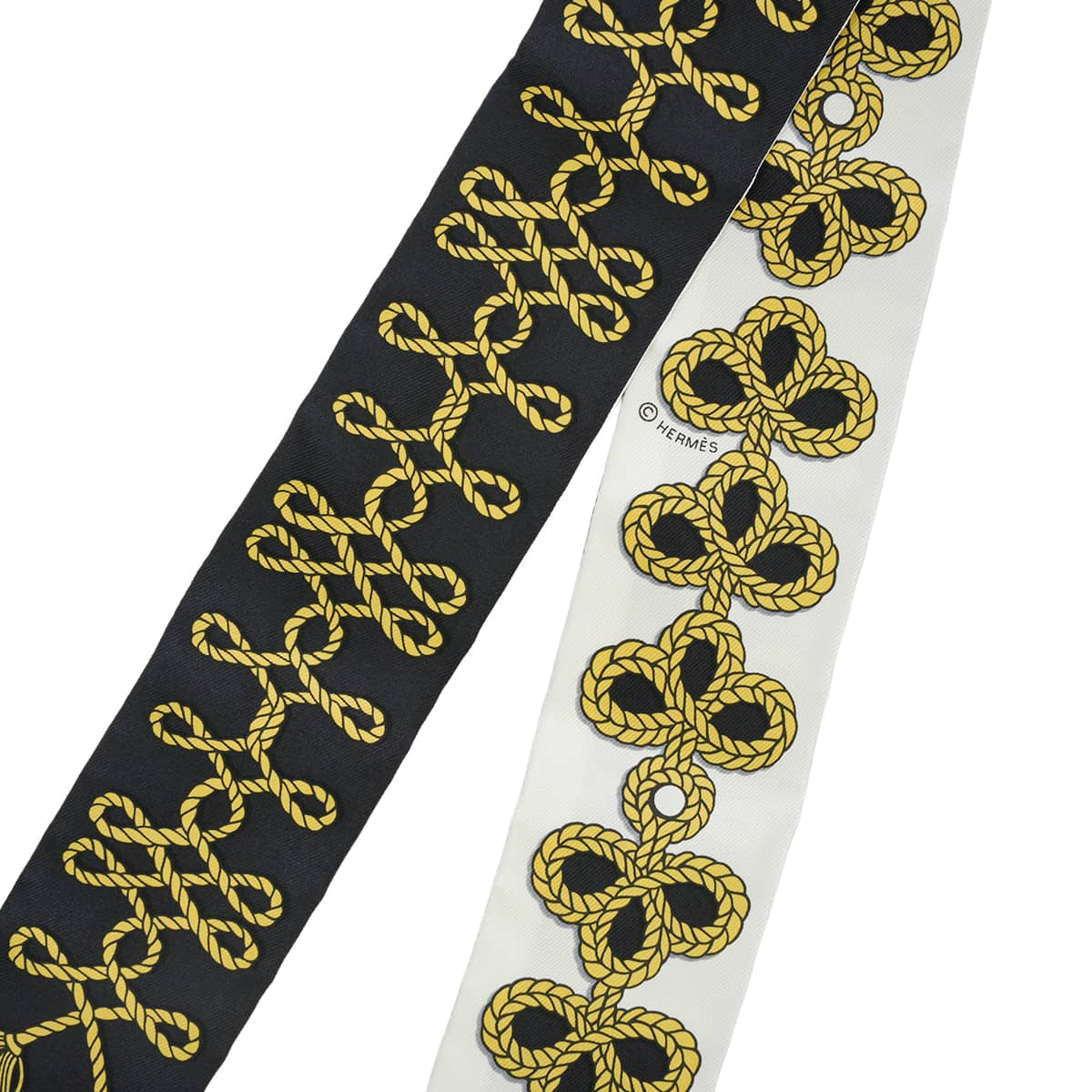 2021SS HERMES scarf Twilly Galons et Brandebourgs Noir (Black)/Gold/Blanc (White) Silk100% H063698S 01[EXCELLENT][Authentic]