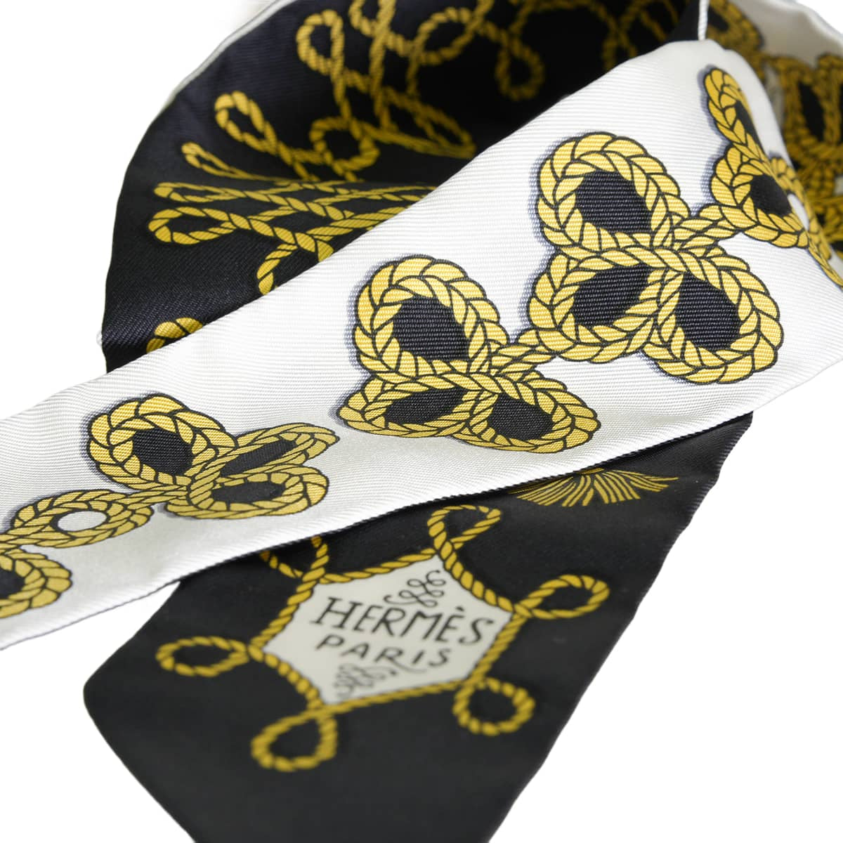 2021SS HERMES scarf Twilly Galons et Brandebourgs Noir (Black)/Gold/Blanc (White) Silk100% H063698S 01[EXCELLENT][Authentic]