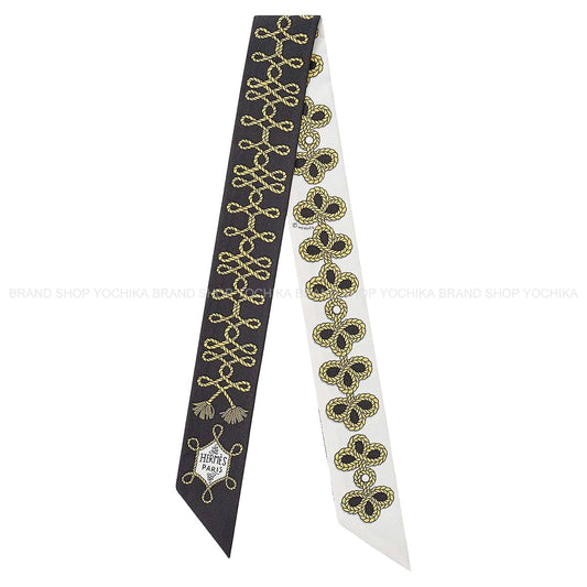 2021SS HERMES scarf Twilly Galons et Brandebourgs Noir (Black)/Gold/Blanc (White) Silk100% H063698S 01[EXCELLENT][Authentic]