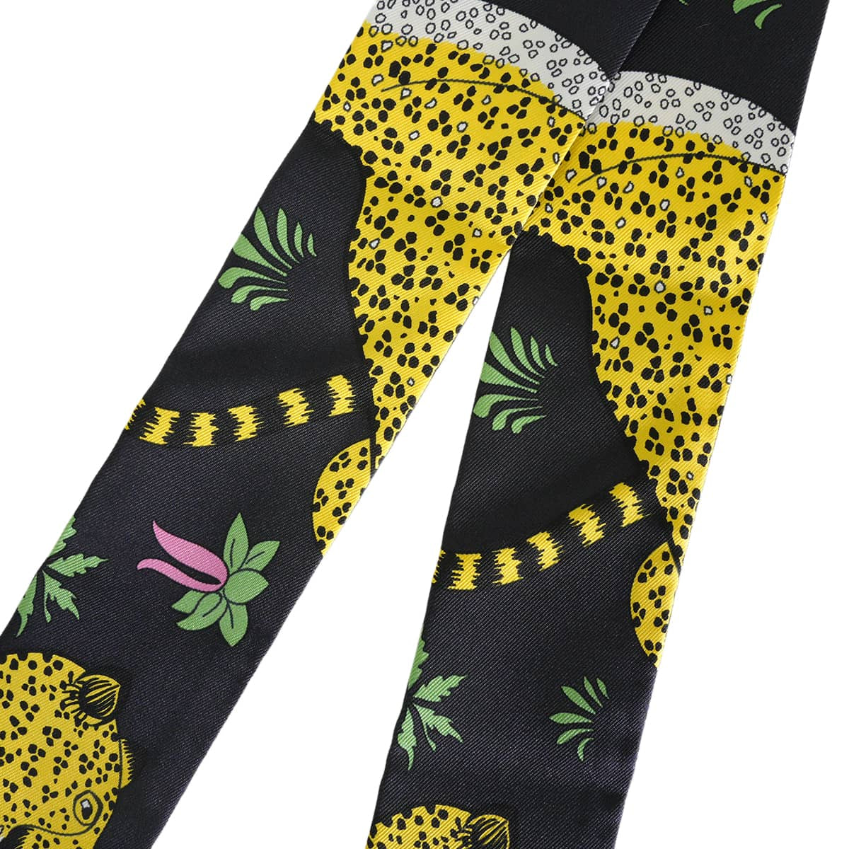 [Pre-loved] HERMES scarf Twilly Les Leopards Noir (Black)/Jaune/Vert Silk100%[LIKE NEW][Authentic]
