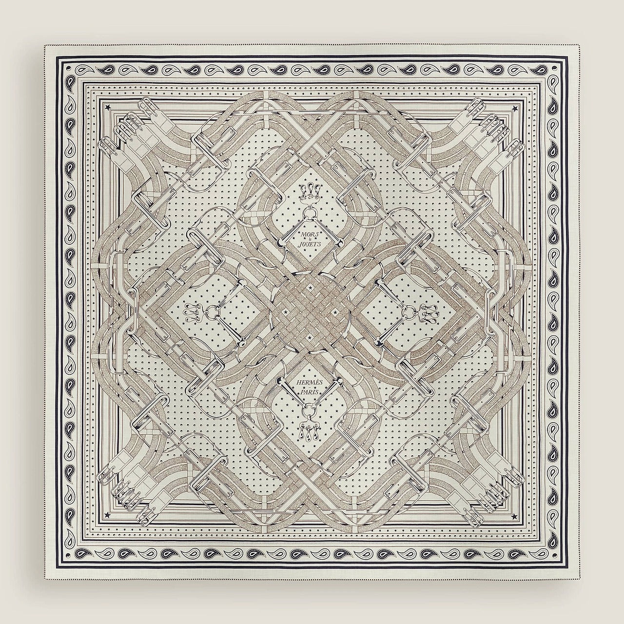 2026SS HERMES scarf Carre 140 Mors a Jouets Bandana Blanc (White)/Blue Marine/Ebene Cashmere70% / Silk30%[EXCELLENT][Authentic]